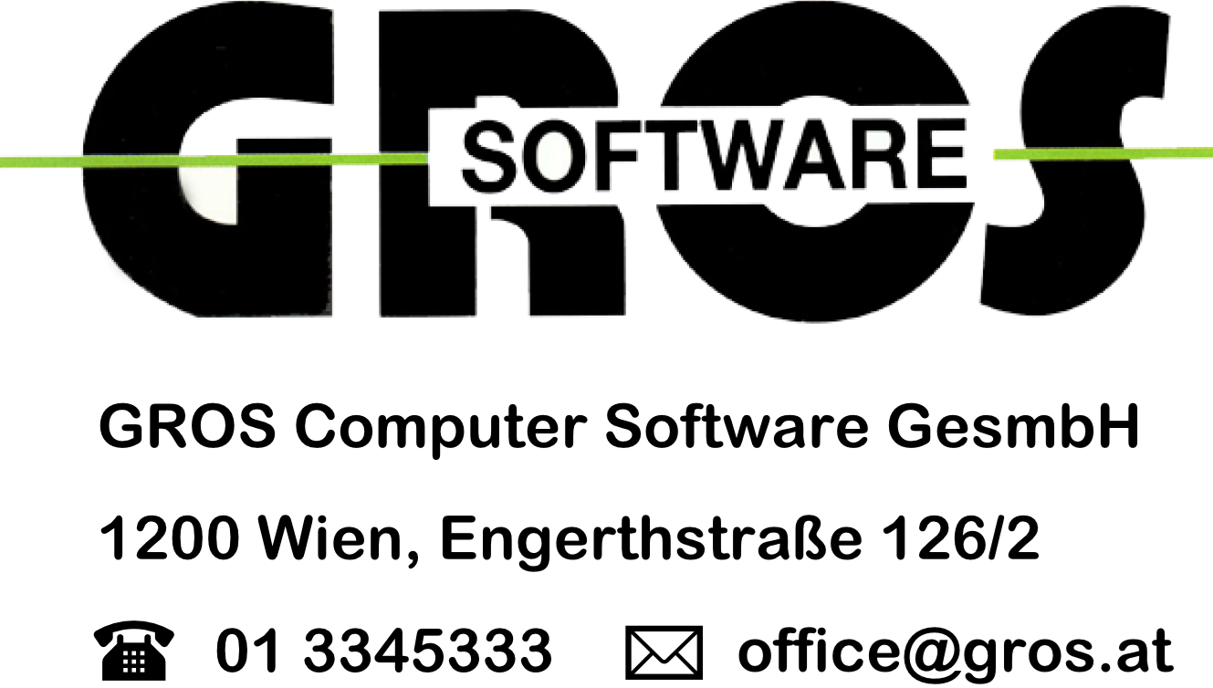 Logo Gros Software samt Adresse, Telefonnummer und Mailadresse